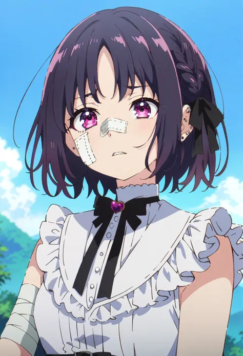 One girl, solo, pink and black hair, slanted eyes, pink eyes, under-eye bags, watery eyes, bandage on face, bandage on tip of nose, covered in bandages, piercing, bandage, Jirai Kei,blue sky, clouds, anime screenshot