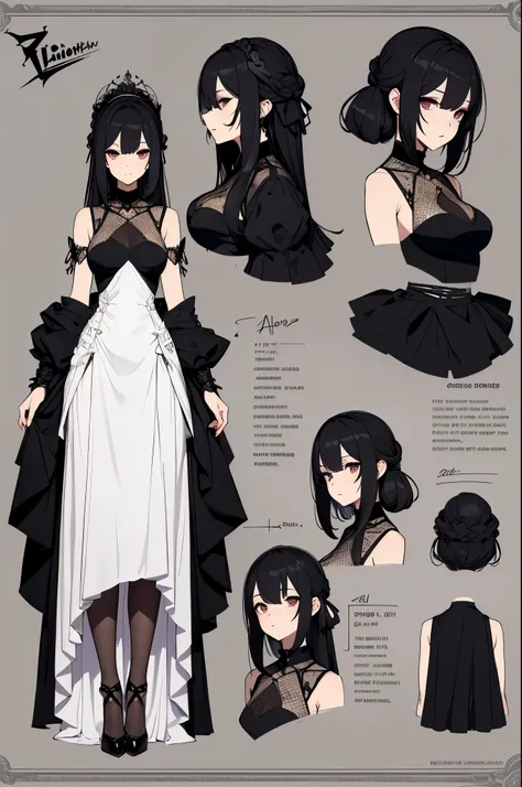 Original character reference sheet adult female in white and black dress. with blindfolds, adoptable dark fantasy style 