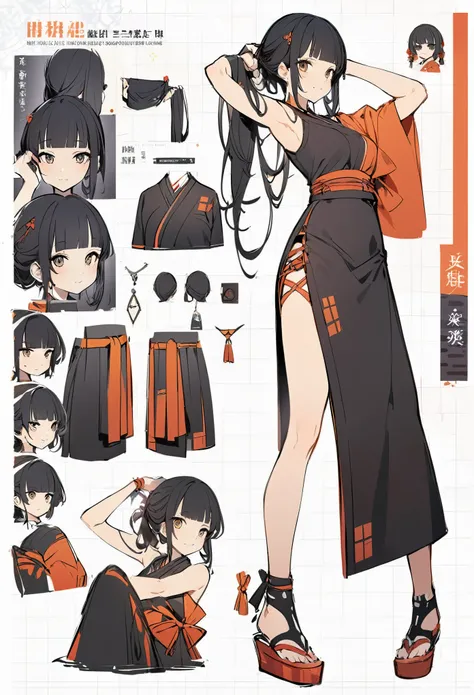 computer、Kimono dress、Virtual Character Design,Black Hair、blunt bangs、Tying up hair、Concept character sheet, face, Modern design, 1 female,Sexy concept, 