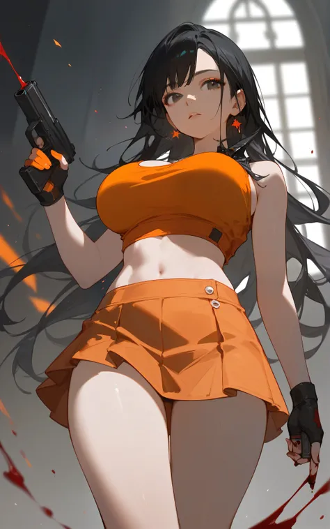 girl with long black hair, big breasts, very sexy legs, short orange skirt, orange tank top, beauty black eyes, holding a gun, she is standing, blood in a head
