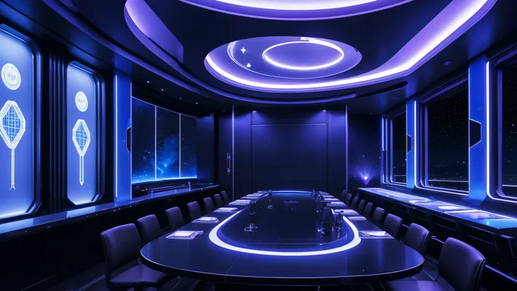 A mafia room in a futuristic spaceship, view from the front. The room is lit by blue and purple neon lights, with dark metallic walls that reflect the lights. There is a rectangular table in the center, made of a translucent material that emits a slight gl...