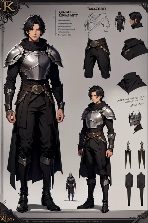 Original character reference sheet for an adult male in an unarmored knight costume. with adoptable black hair in dark fantasy style