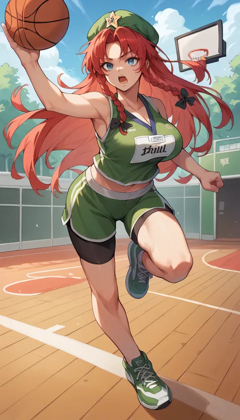 Hong Meiling, Red hair, green hat, blue eyes,1girls, running, name tag,  streaked hair, basketball, sneakers, clothes writing, sportswear, breasts, open mouth, shoes, bike shorts,large breast, 