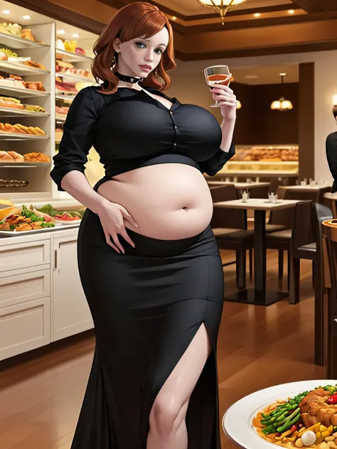 Christina Hendricks, (Christina Hendricks:1.5), masterpiece quality, (masterpiece quality:1.3), detailed, realistic, (realistic:1.3), 1girl, solo, (solo:1.9), alone, at a buffet restaurant, food in background, Thanksgiving day feast, food on shelves in bac...