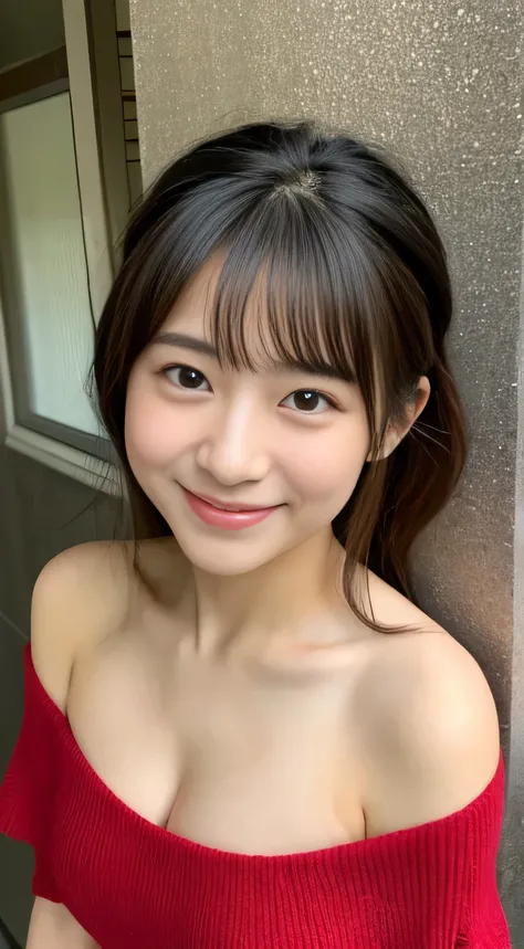 masterpiece,best quality,(Japanese girl),((Beautiful girl)),cleavage,(off shoulder:1.2),(perfect body beauty:1.2),(shy smile),From slightly above