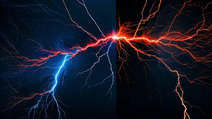 A glowing "VS" symbol with electric sparks and lightning bolts surrounding it, set against a dark gradient background transitioning from deep blue to fiery red.