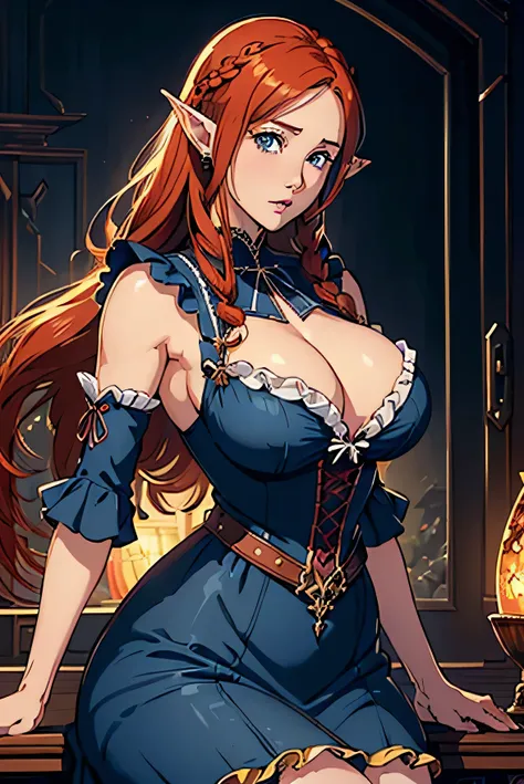 Cute Farmgirl with Braids. ((red haired woman, mature woman, long hair, pointy ears, elf ear)), Perfectly round face. Beautiful cute face, Big beautiful voluptuous lips, charming beauty, ((gentle expression on your face)), ((Beautiful large, detailed blue ...