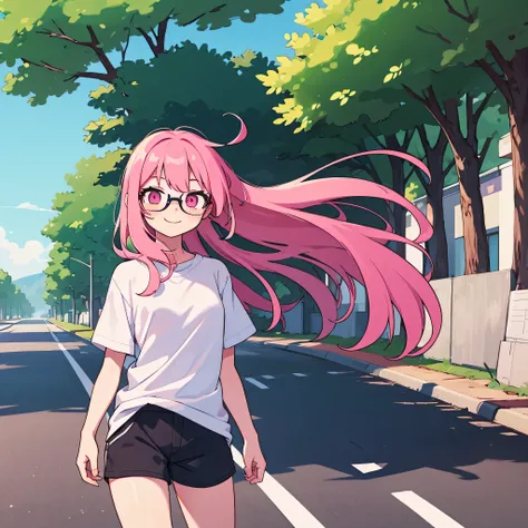 1boy, only one boy, one boy only, , long pink hair, pink eyes, looking at the viewer, wearing glasses, , feminine face, standing on the side of the road, stand straight, smile, looks excited, wearing shorts and an oversized shirt, half-body shot