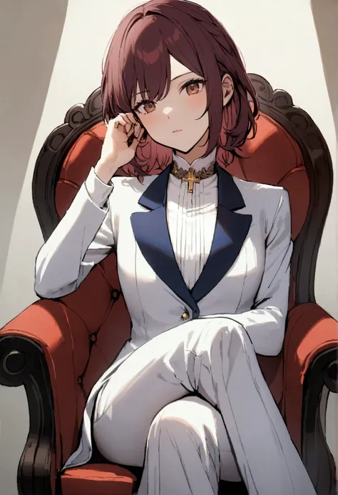 Teenage girl, tidy hair, short length hair, maroon hair, Brown eyes, posture of elegance, sitting in a chair, face neutral, white  shirt, school blue jacket, cross legs