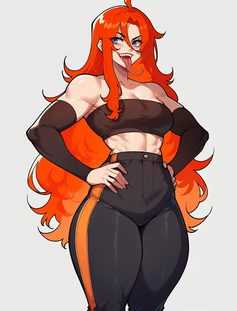 score_9, score_8_up, 1girl, black tube top, keeping the black arm sleeves, and also gaining white baggy pants, thick thighs, thick ass, red hair with orange highlights, red long tongue, hands on hips, , long hair, blue eyes
