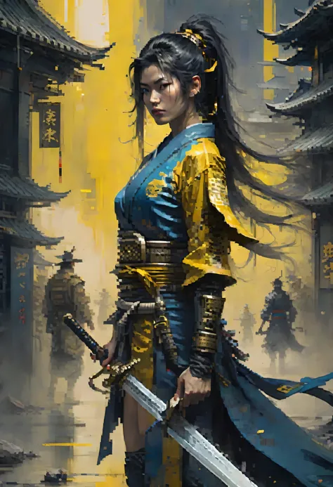 Samurai woman inspired on blockchain technology and videogames with a very big sword bigger than her like on Bleach movie and gueisha costumes, hollow enemies surrounding her, high tech futuristic mysterious atmosphere, deep dark blue and golden yellow, 4D...