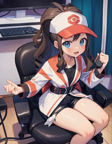 A girl sitting in a gaming chair, inside an otaku room, She is in front of a gamer computer playing and doing a broadcast on Twitch