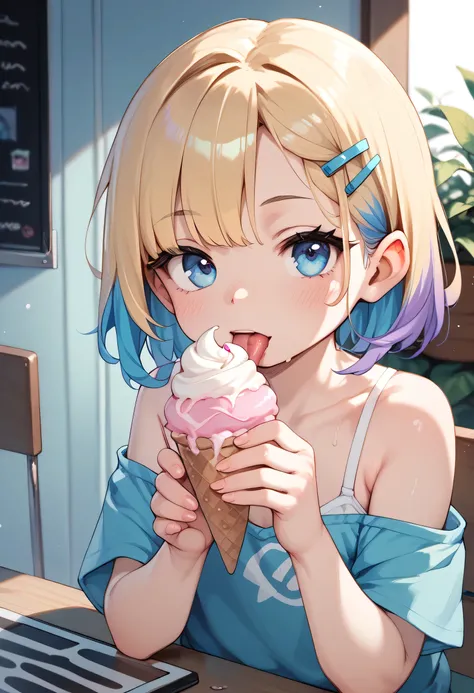 little_girl,_loli_, diabellze, blue eyes, blonde hair, purple hair, multicolored hair, licking an ice cream in a sexy way