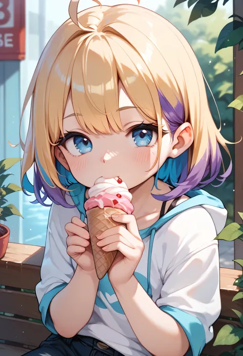 little_girl,cute_loli_, diabellze, blue eyes, blonde hair, purple hair, multicolored hair, sexy, sucking an ice cream in a sexy way