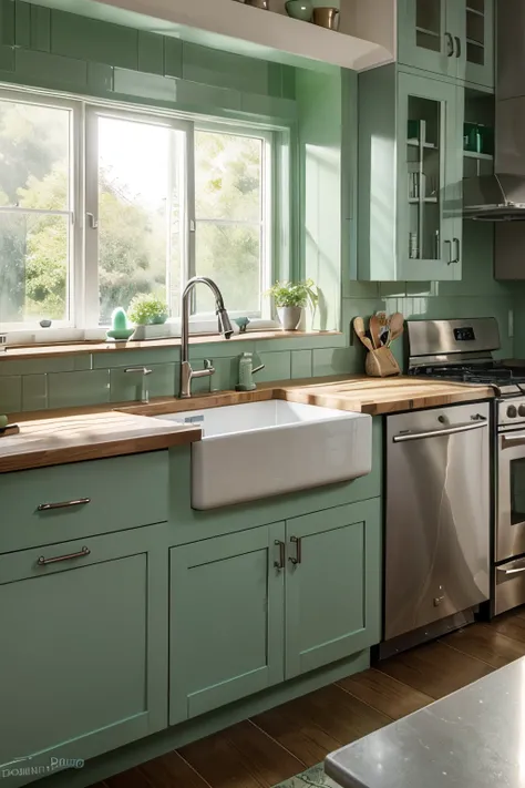 Make a kitchen with pastel green tiles, wood countertop and dark wood cabinets, with a silver sink and a large window above pastel green and a pastel green living room 