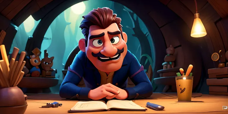 Create an image of villain, scheming, cunning, evil explorer cartoon, mustache,short human, Nestled deep in the heart of an enchanting magical forest Pixar and Disney-style 8k recreation of the scene comes to life with Cinema 4D detail, bringing the advent...