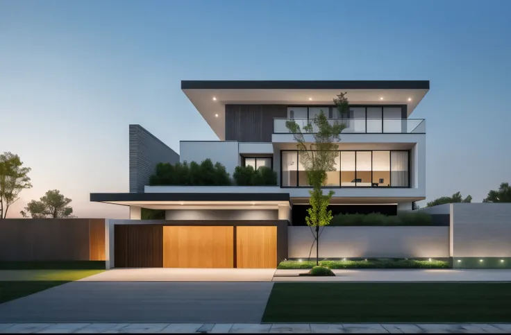 1 morden house, cofe space:1.4, main material by white wall and wood, large yard, 1 road runs in front of the house, (RAW photo, real, best quality, masterpiece:1.2), look morden minimalist, 1 road in front of the house, shime ring light, light brightenes...