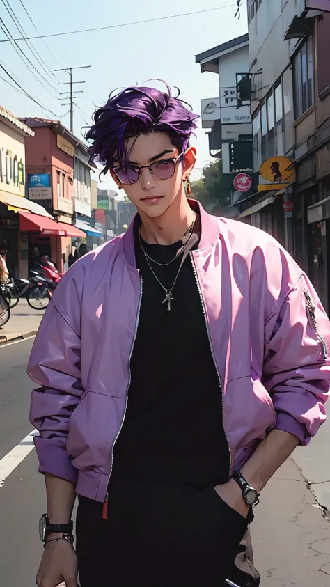 1 male，young，cool and handsome man，purple hair，standing on the roadside with hands，smokes，leaning on motorcycle