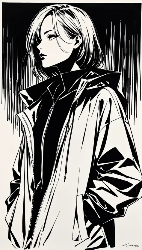 in style of Bradley K. McDevitt ，in style of Hans Hartung,
half body,1girl，death style，Windbreaker，noble，gorgeous，Minimalist style，