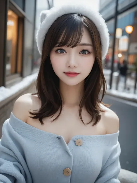 table top,(highest quality, masterpiece:1.2), Super detailed, High resolution, 8k wallpaper, perfect dynamic composition, detailed and beautiful eyes, Trendy winter fashion,small breasts, natural color lips, bold sexy pose, shy smile, 20-year-old, cute wom...