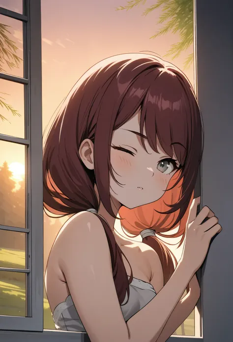 best quality, masterpiece, stoic,young woman, holding own arm, head tilt, looking to the side out window, cheek against window, one eye closed, sunrays, upper body, close up, Gray eyes, dark red hair, swept bangs, low twin tails, white ribbons, gray strapl...