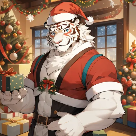 male, Furry tiger, charming, rich, Head only, rich, solitary,White fur,，front Photo，Casual wear，Smile，Zoom in on facial details，Strong body，Avatar size，Christmas atmosphere