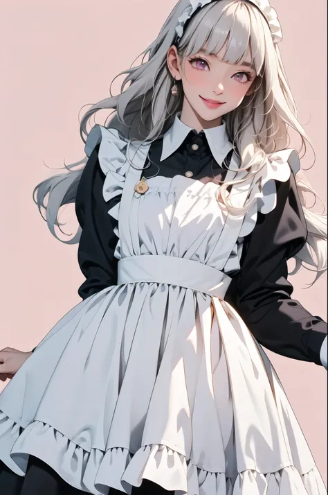 high resolution,smile,happy,light smile,woman,woman1人,adult,Clear,cute, blunt bangs,White Hair,BREAK, Pink eyes,BREAK,wavy hair,long hair,BREAK, ((looking at viewer)), Black maid outfit,White apron,Black long sleeve blouse,Black long skirt,White Stockings,...