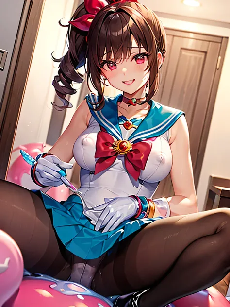 Highest quality, (masterpiece:1.2), Very detailed, 
One adult woman,Mysteriously glowing red eyes、
Taunt viewers, Naughty smile, Grinning mouth、Transparent nipples、Slime-like skin、
blush, Brown Hair:1.4, ponytail、((Slime-like pantyhose))、An apartment room、...