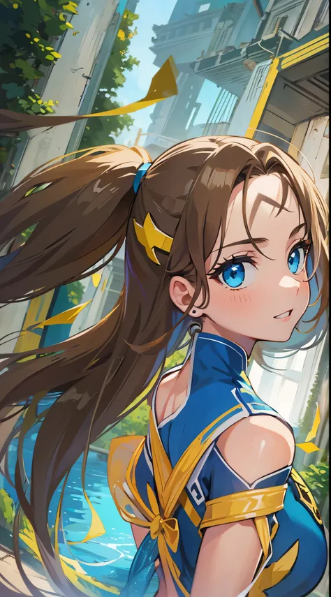 young girl, Long brown hair, high ponytail, Cyan eyes, Blue and yellow superhero uniform, Masterpiece, hiquality