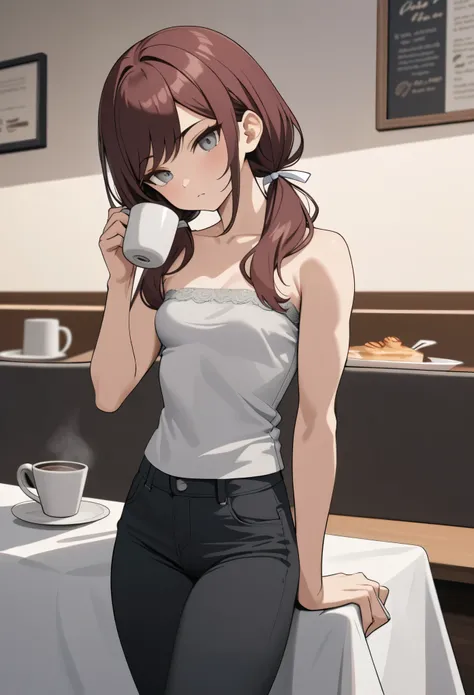 Masterpiece, highres, high Quality, detailed face, over-the-shoulder shot, solo, cafe, stoic, phone in hand, head tilt, Gray eyes, dark red hair, swept bangs, low twin tails, white ribbons, gray strapless shirt with white trim, black jeans, small breasts, ...