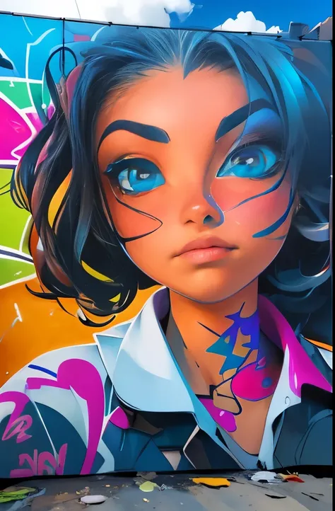 (best quality), masterpiece, extremely detailed CG uniform 8K illustration, high color, extremely high color saturation, all colors deepened, paint, graffiti art, center composition, extremely detailed light and shadow, graffiti wall, wall painted bright, ...