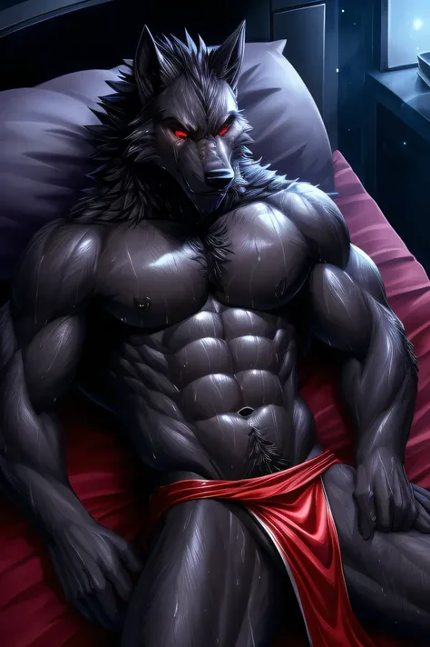 instructions Copy 4k, 8k, A black werewolf, sexy antropomorfo, furry, slim and well defined body, Red eyes, red and black loincloth, (the background is night, good detailed lighting, well detailed, in a room lights up, bed, lying on his front alone the bla...