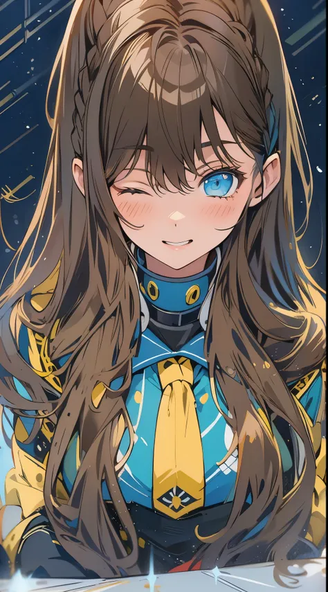 young girl, Long brown hair, high ponytail, Cyan eyes, Blue and yellow superhero uniform, Masterpiece, hiquality