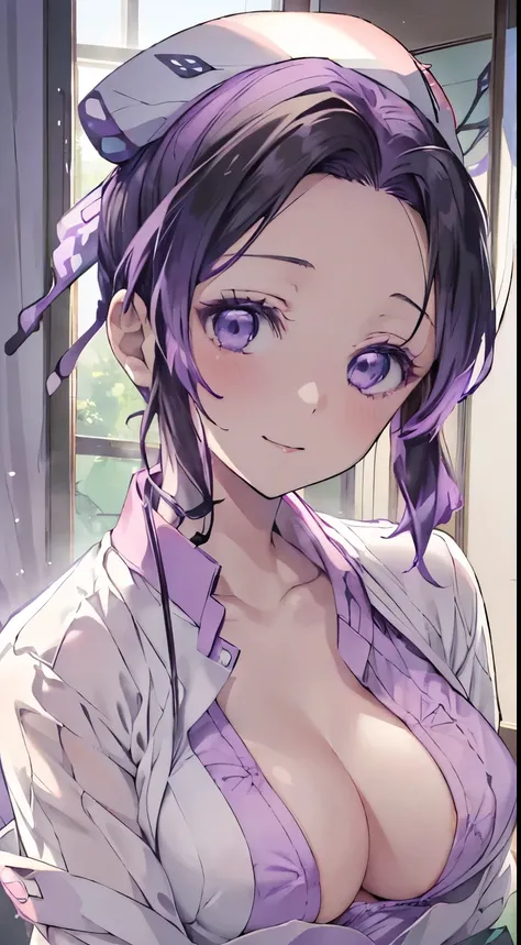 nsfw, demon slayer,_kochou shinobu,(((((nurse uniform))))), ((((White nurse uniform)))), nipslip, One-piece, (((((nurse))))), Bedside, ((((Purple bra)))), whole body, shy, hospital, Ultra-realistic 8K CG，masterpiece,, （（Highly detailed background，Delicate ...