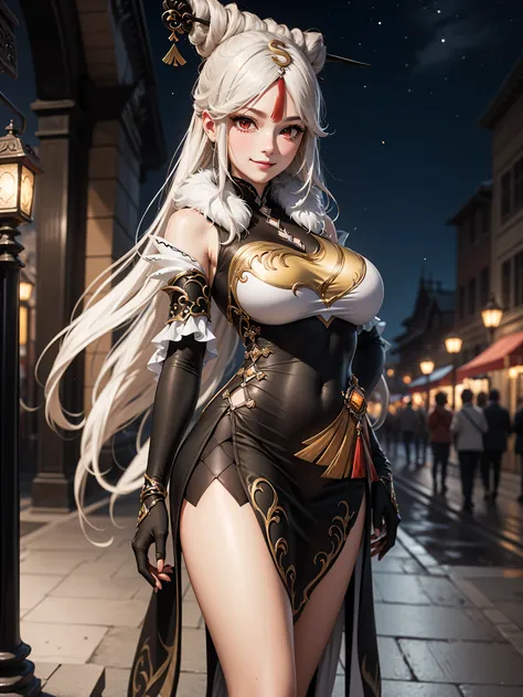 Masterpiece, high quality, 8k,detailed body, ultra detailed, detailed face, standing, blush, bright eye, outdoors, (detail face), ningguangdef, (gigantic breasts),(night), half body, smile,