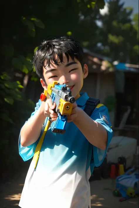 masterpiece, High quality best quality,1 Boy,  blue_Sky,Smile, White teeth，Solitary, sun, sunbeam, sun光, Tree, motionless_p在ternBoys holding a water gun in his hand and smiling,  Children, Playing in the water, Holding a ray gun, realistic shooting, shooti...