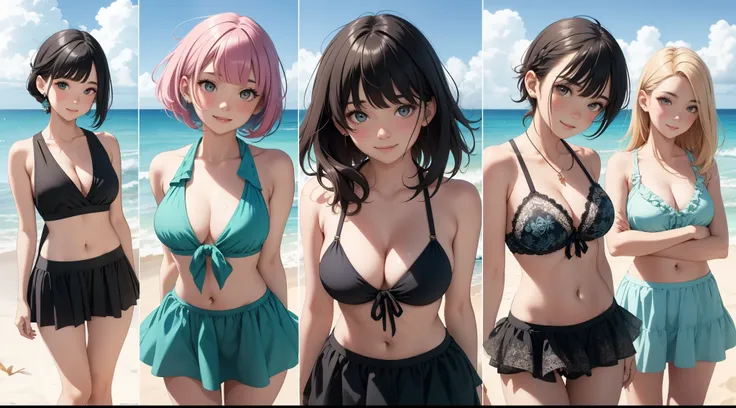 (Highest quality:1.1), (masterpiece:1.2), Five Girls，Swimwear，Are standing，High Quality Shadows, Beautiful details, Beautiful Face, Detailed eyes,Depth of written boundary, High resolution, Best Shadow, Best lighting, daughter, Displaying the viewer, （Five...