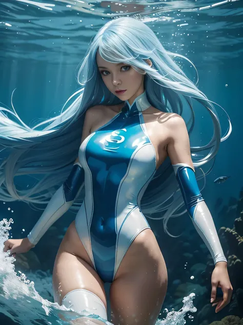 superheroine, long long gorgeous light blue hair, slender body, latex, leotard blue and white costume, swimming undersea