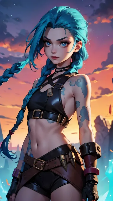 Height: Approximately 1,65 meters. Complexion: thin and athletic. fur: pale, with some scars and marks. hair: Short bright blue, with loose locks and braids. eyes: light blue, often with a manic glow. outfit: Jinx usually wears worn and ragged clothing., w...