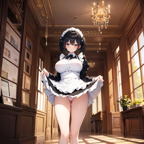 (solo:1.2), (1 skinny maid standing) in hallway, (curtsey:1.3), skinny, maid dress, short black hair, long sidelocks, bangs, BREAK, short torso, white apron cinches waist too tight, (inconceivably narrow waist:1.2), long skinny legs, (bursting huge breasts...