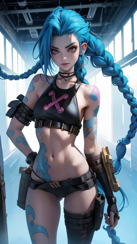 Height: Approximately 1,65 meters. Complexion: thin and athletic. fur: pale, with some scars and marks. hair: Short bright blue, with loose locks and braids. eyes: light blue, often with a manic glow. outfit: Jinx usually wears worn and ragged clothing., w...