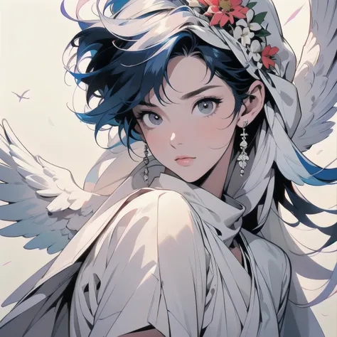 Trigun, Persona, Beautiful 1 woman, Movie Posters, Upper Body, Model pose, expressionless, Small breasts, Black Hair, Short sleeve, Lots of flowers, Angels, (((white cloth on head))), Various angles, White crow white cloth on head))), various angles, (((wh...