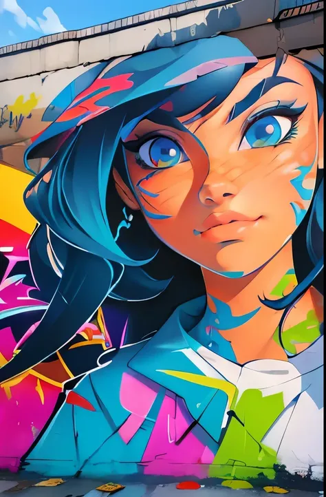 (best quality), masterpiece, extremely detailed CG uniform 8K illustration, high color, extremely high color saturation, all colors deepened, paint, graffiti art, center composition, extremely detailed light and shadow, graffiti wall, wall painted bright, ...