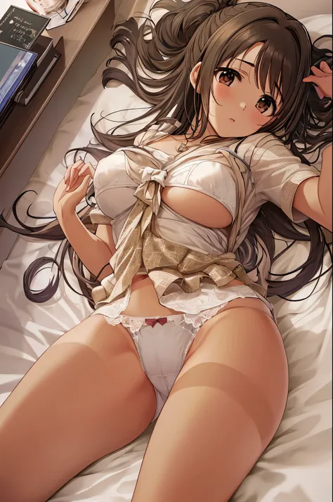 Shimamura Uzuki, Brush, ((White panties, Camel Toe, Camel Toe, Areola,Bedroom,Lie in)),