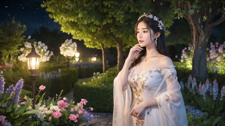 [Core Concept] A high-quality, detailed, and visually striking image depicting a young woman in a lush, floral garden under a starry night sky.

[Character Description] A beautiful, youthful woman with delicate features and an ethereal, serene expression, ...