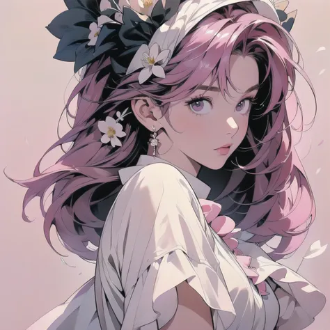 (((trigun)))、Persona、Beautiful woman, Upper Body、Model Pose、mysterious、Small breasts、Black Hair、Short sleeve、(((pink hair))),Lots of flowers、Angel、(((Wear a white cloth on your head)))、ultra detailed hair, (((White flower)))