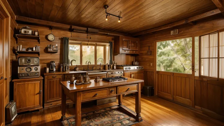 a vintage home made in wooden that come with the wooden table, on the table theres a music jukebox, a cup of very hot coffee, a vintage phone, and some vintage accessories, very detail description