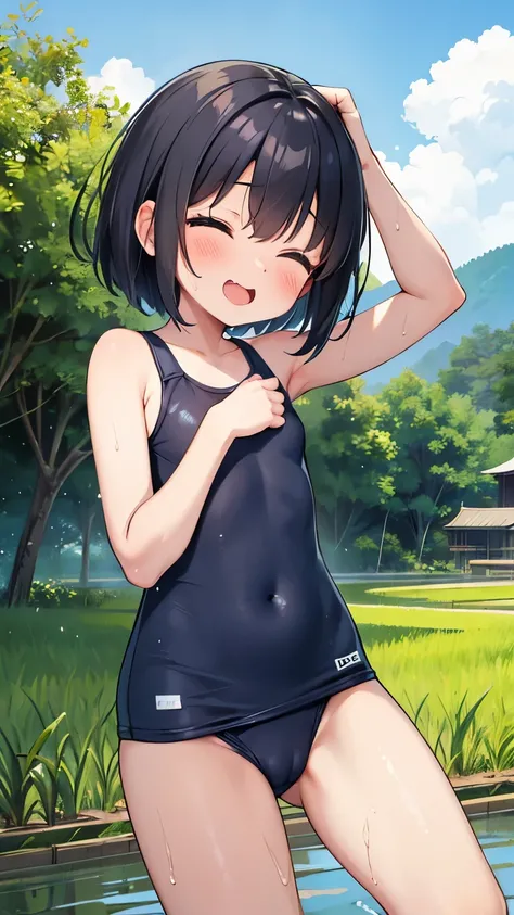 Japanese countryside,Paddy field,Get in the mud,smile,Are standing,close your eyes,1. small ,short hair,Black Hair,blush,Navy blue school swimsuit,barefoot,White skin,From below,shy,Sweaty,Wet,PAW Pose,Mouth wide open,From below,