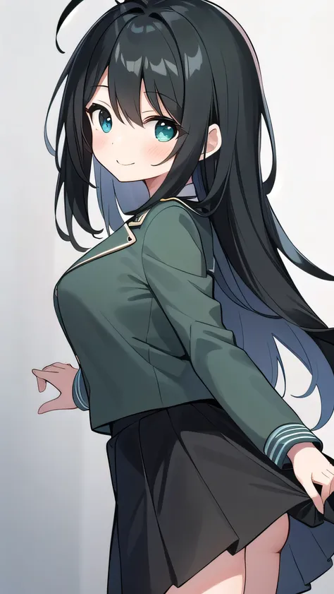 Junior high school student who looks like an elementary school student, 14 years old, very short, 140 cm tall, black hair with a slight green tinge, short ahoge, beautiful long hair but with a little hair sticking out, beautiful round eyes, blue eyes, smil...