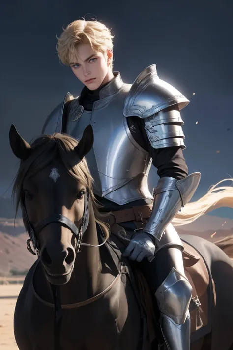 boy, in armor, Blonde curly , short hair, blue eyes, serious, on a black horse. Zabnii background from 